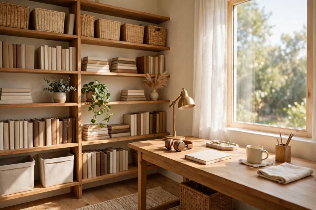 Bright calm home office with organized shelves and a tidy desk by a sunlit window
