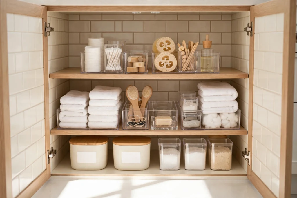 Organized bathroom cabinet with clear bins and folded towels