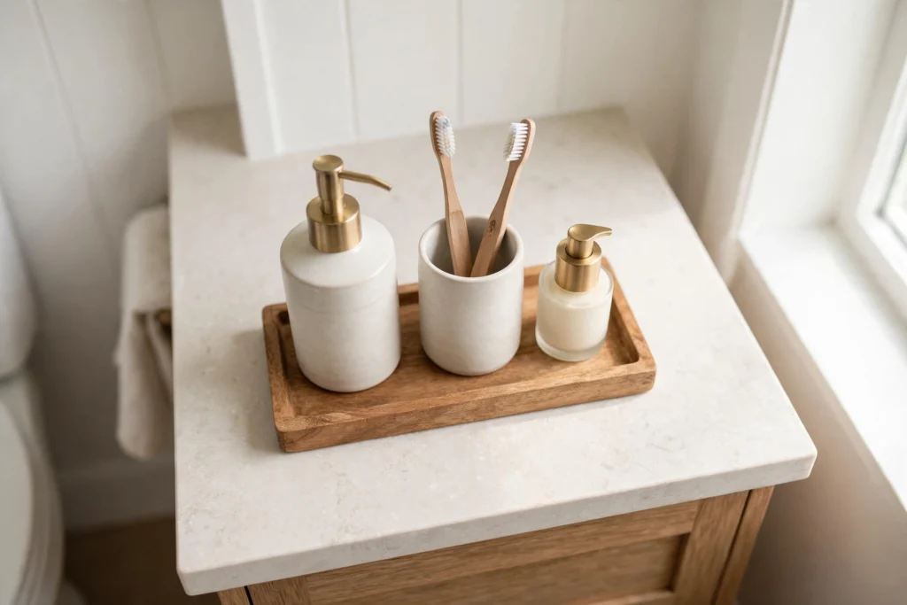 Bathroom counter with a single tray of daily essentials
