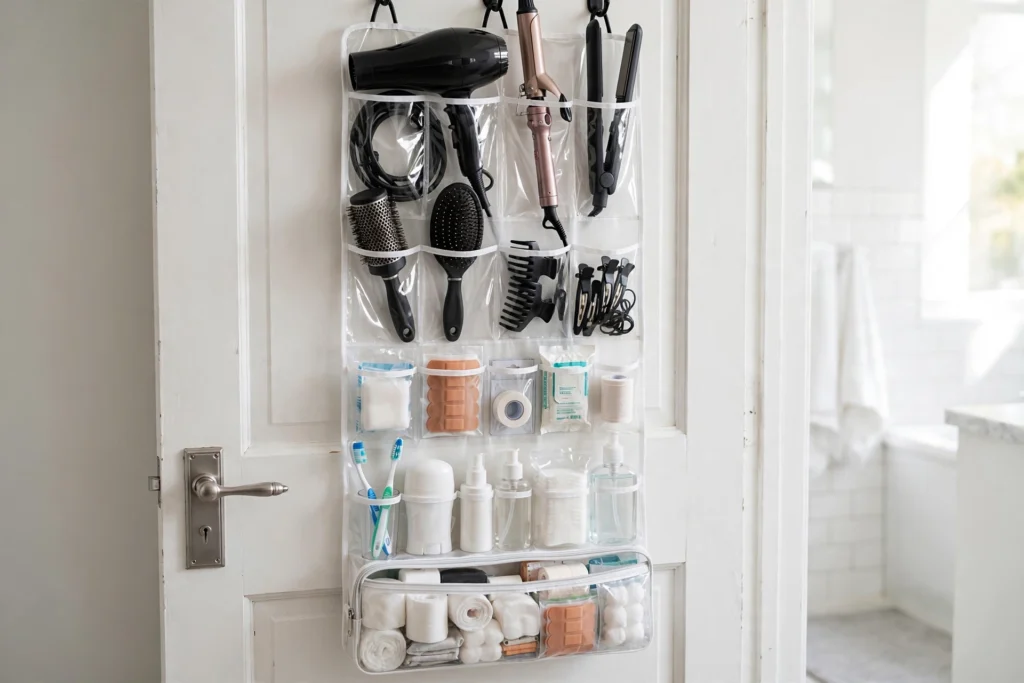 Over-door organizer with clear pockets on a bathroom door