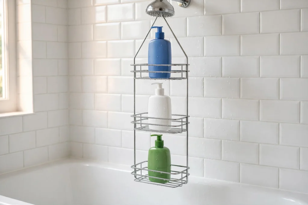 Hanging shower caddy keeping bottles off the tub edge
