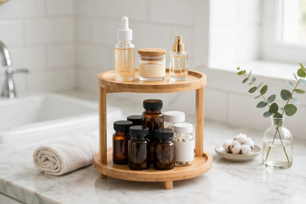 Tiered stand multiplying storage on a small bathroom counter