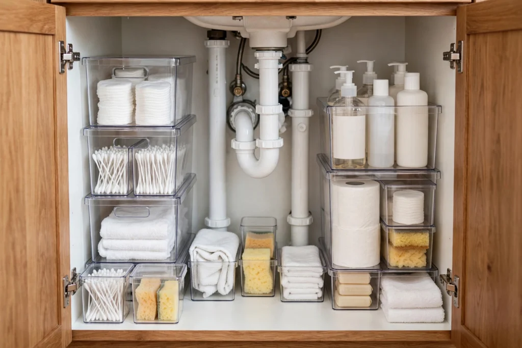 Organized bathroom vanity cabinet with bins around the pipes