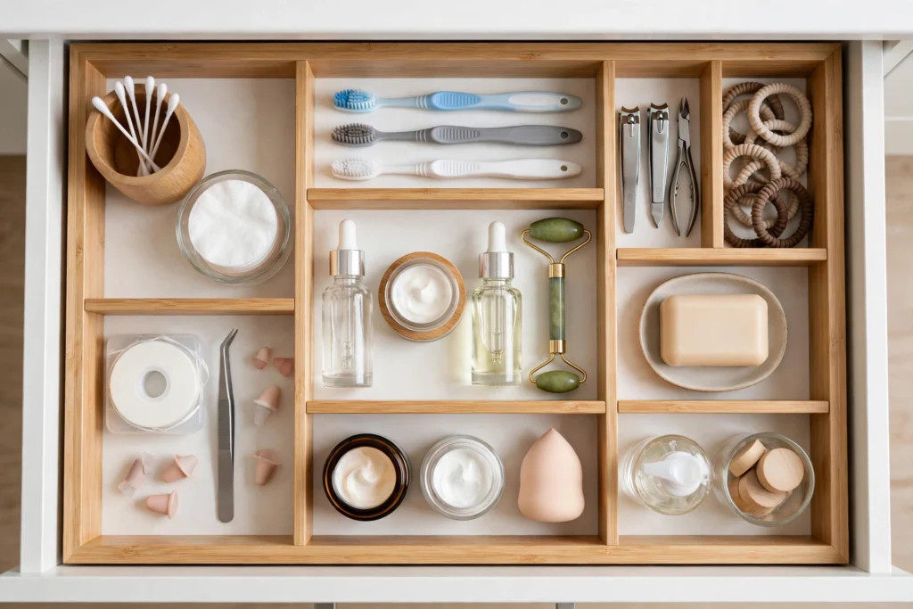 Bathroom vanity drawer with dividers organizing toiletries