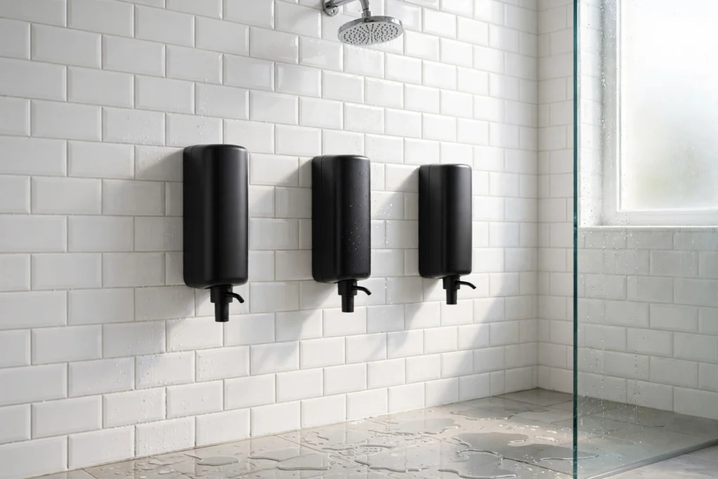 Wall-mounted dispensers for shampoo and body wash in a shower