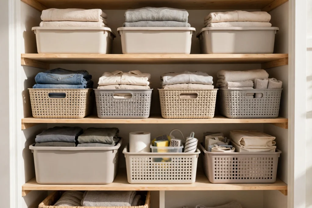 Affordable bins and baskets on closet shelves