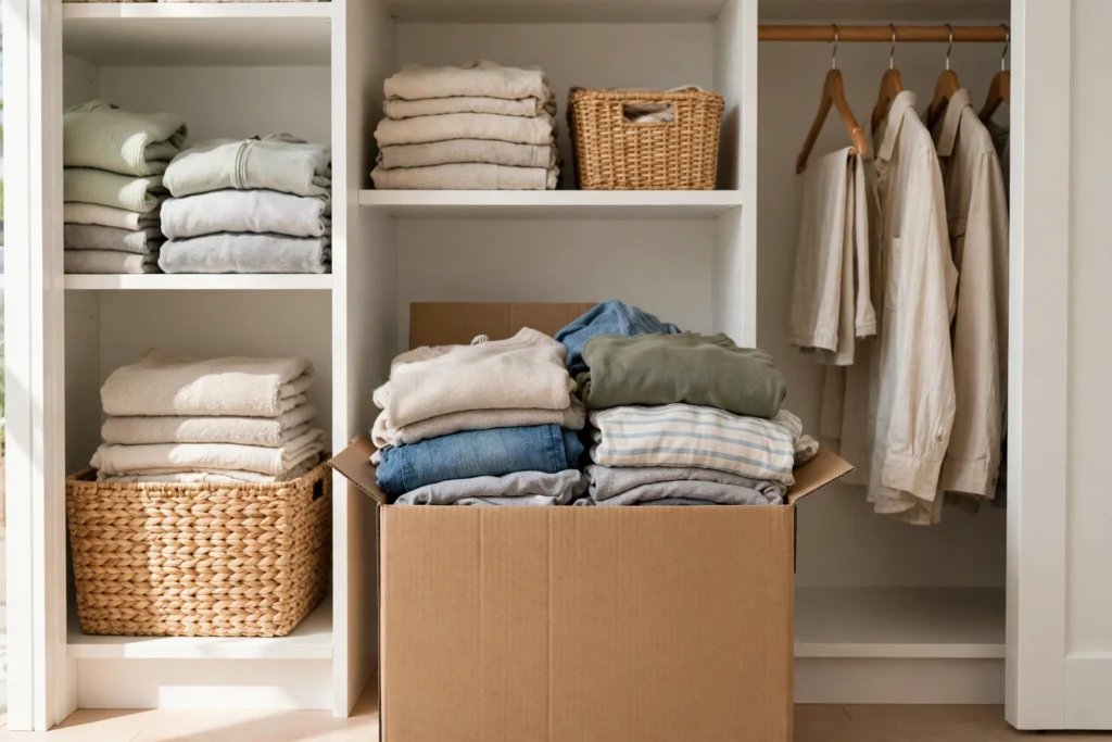 Donation box in a closet for ongoing decluttering