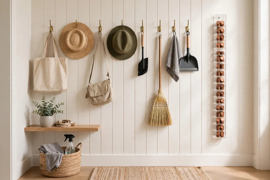 Wall hooks using vertical space in an entry