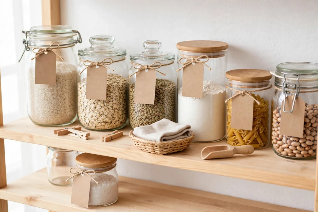 Glass jars with handwritten labels on a shelf