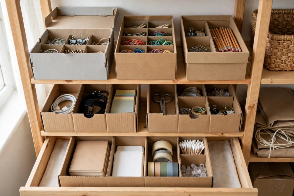 Repurposed shoeboxes used as shelf organizers