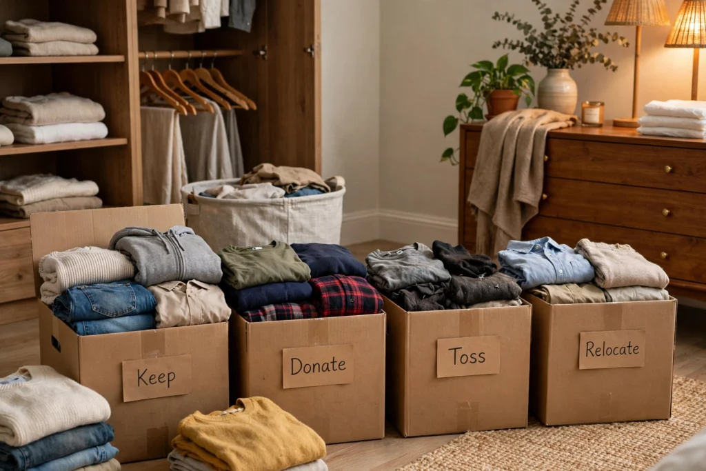 Four labeled boxes for closet decluttering: keep, donate, toss, relocate