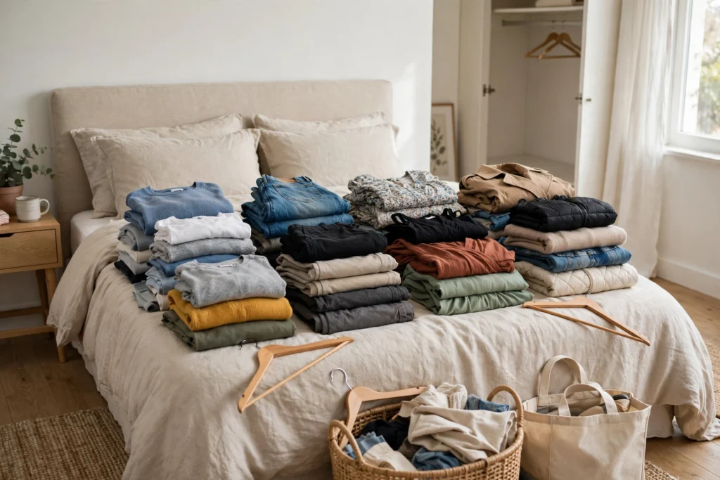 Clothes sorted into category piles on a bed during closet declutter