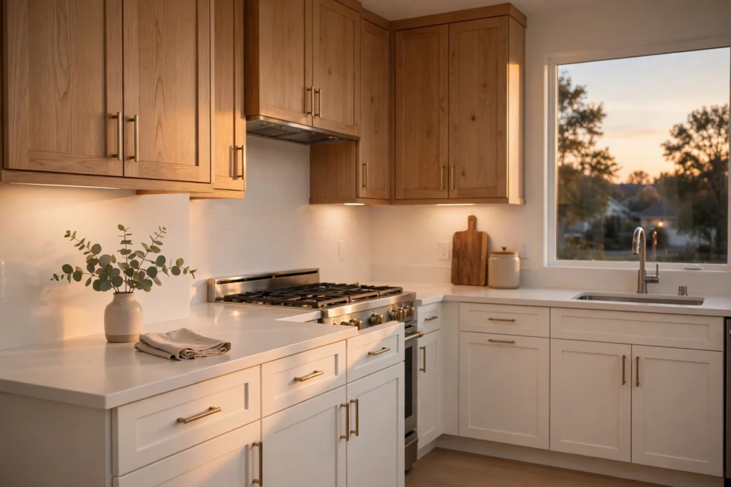 Clean kitchen with clear counters after evening reset