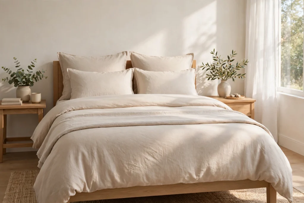 Neatly made bed in a bright bedroom