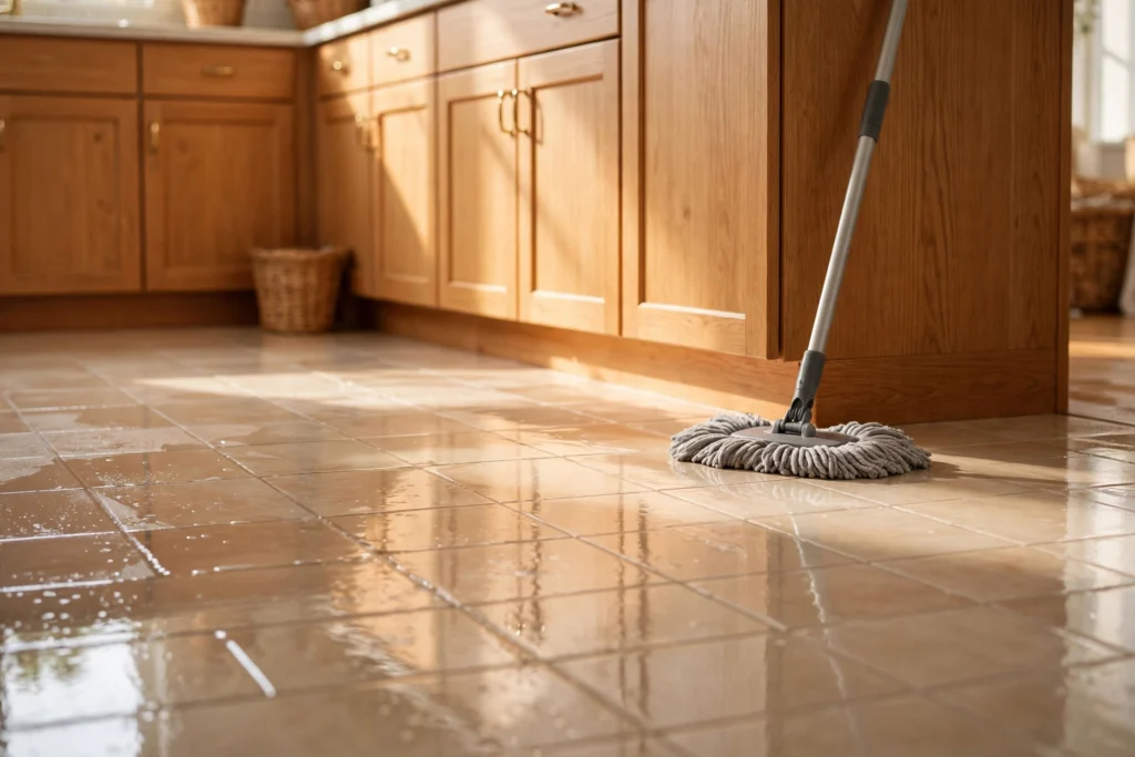 Freshly mopped kitchen floor during weekly cleaning session