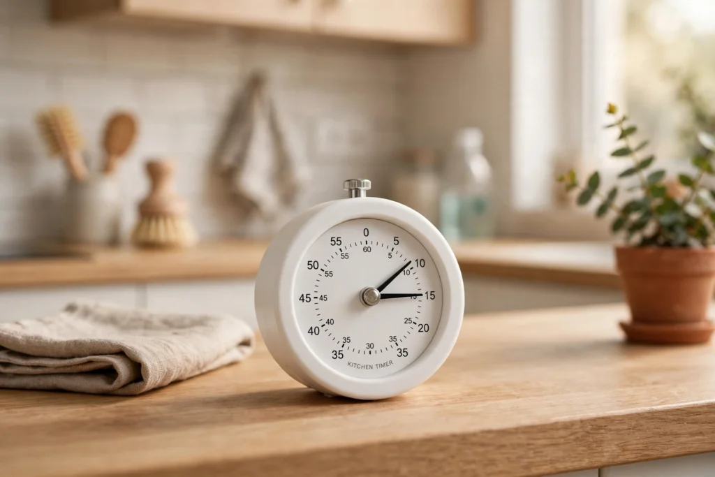 Kitchen timer set for 20 minutes representing the timed decluttering method