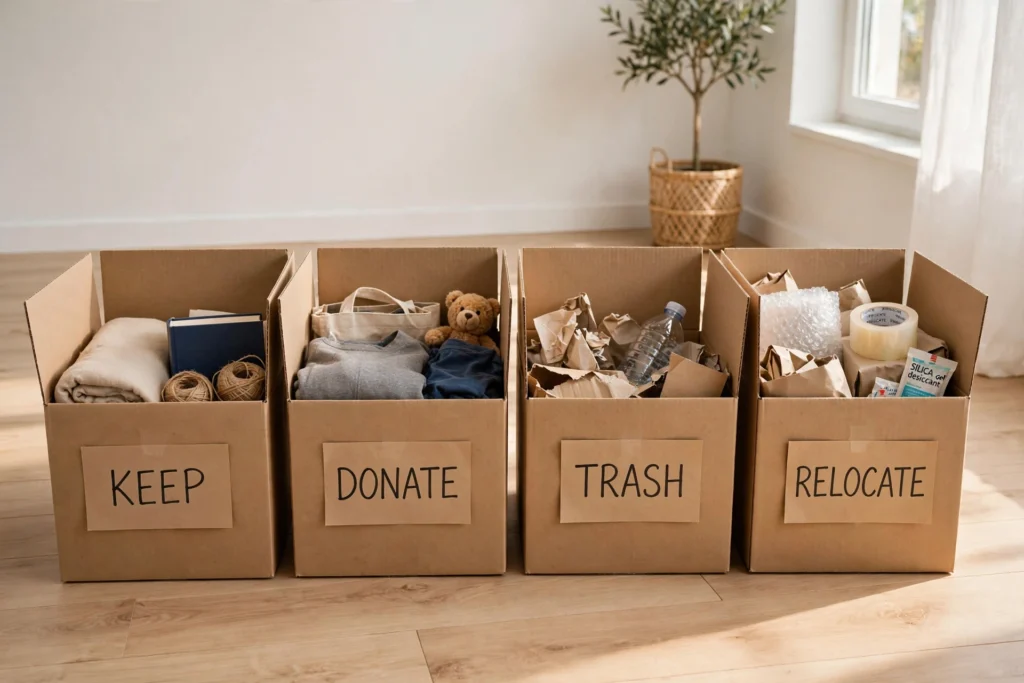 Four labeled sorting boxes for decluttering: Keep, Donate, Trash, Relocate