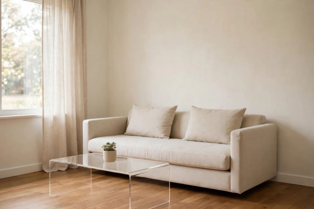 Calm decluttered living room with clear surfaces and soft natural light