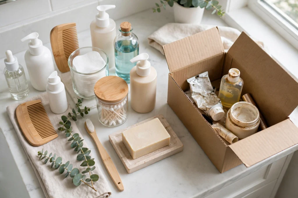 Bathroom products sorted during a purge