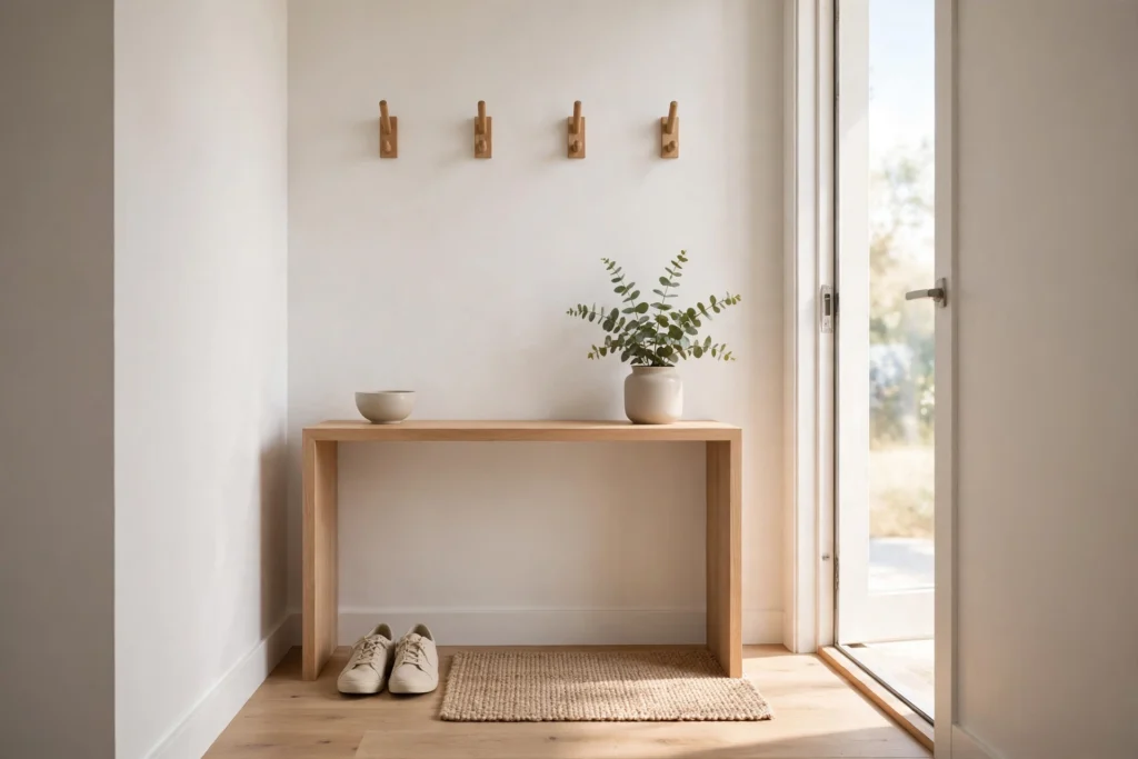 Decluttered small entryway with hooks