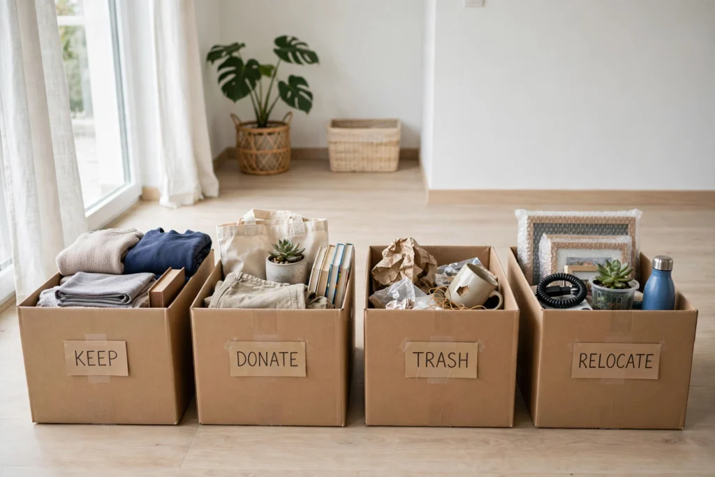 Four sorting boxes for keep donate trash relocate