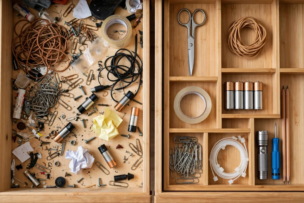 Clean organized junk drawer after decluttering