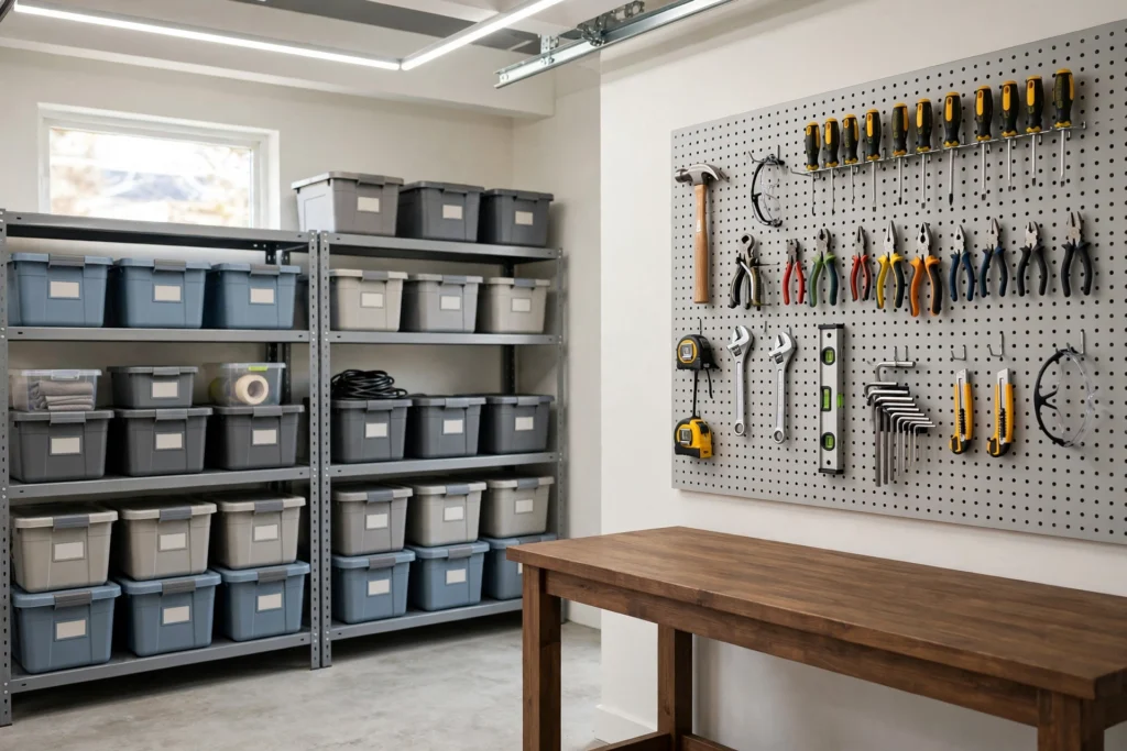 Tidy organized garage with labeled bins