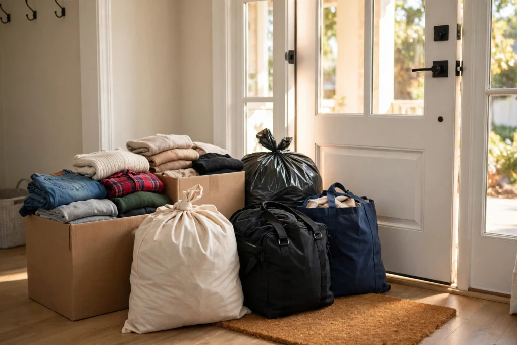Donation bags of clothes waiting by the front door