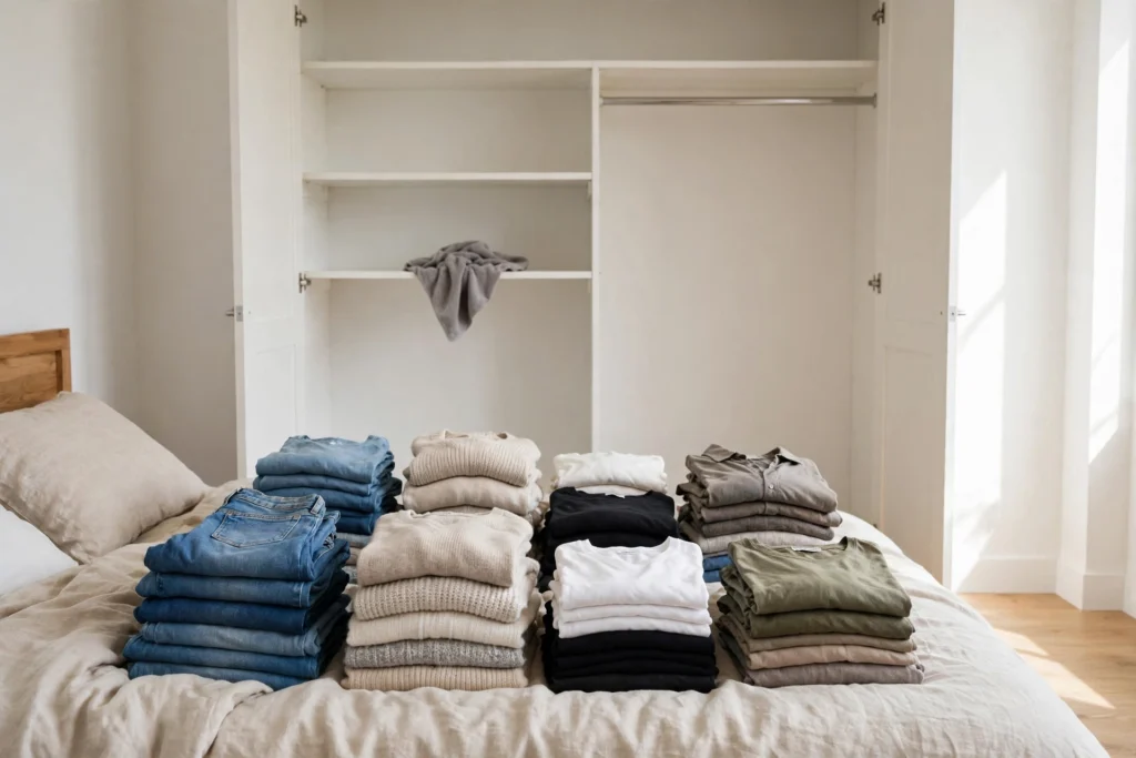 Empty closet being cleaned with clothes sorted on the bed