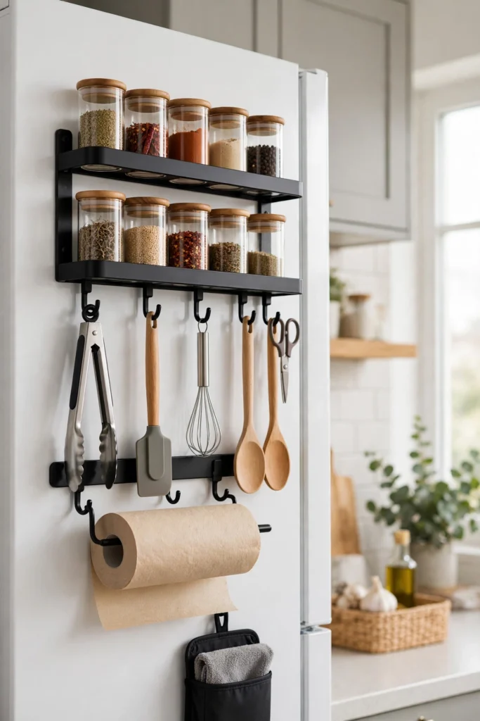 Magnetic shelves and hooks on the side of a refrigerator