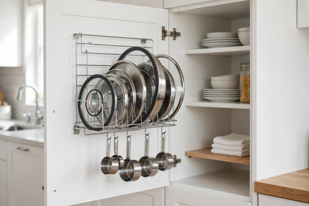 Slim rack mounted inside a kitchen cabinet door holding pot lids