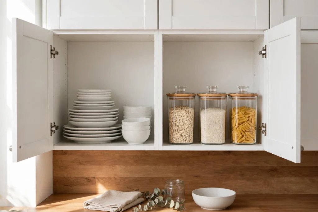 Neatly organized kitchen cabinets with dishes and clear food containers