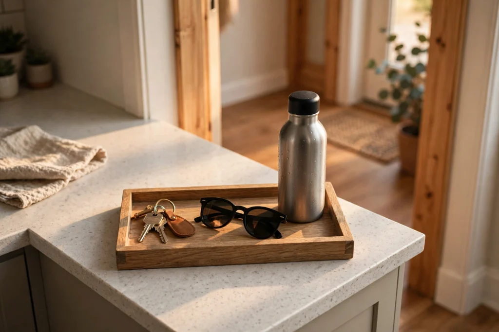 Small tray on a kitchen counter serving as a landing strip for daily items