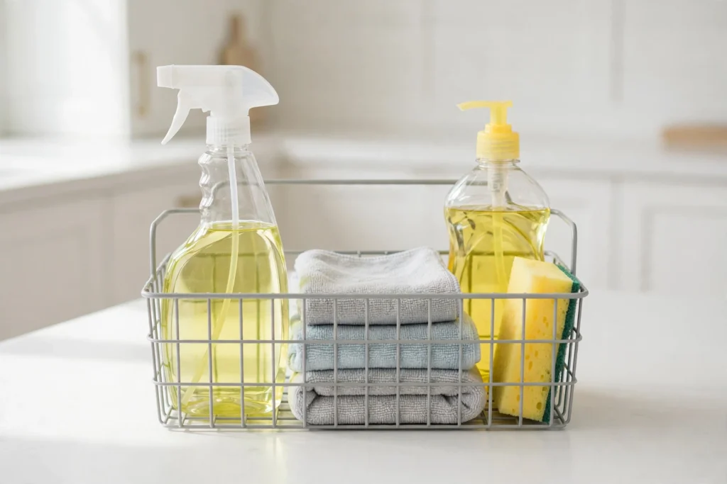 Minimal cleaning caddy with essential supplies