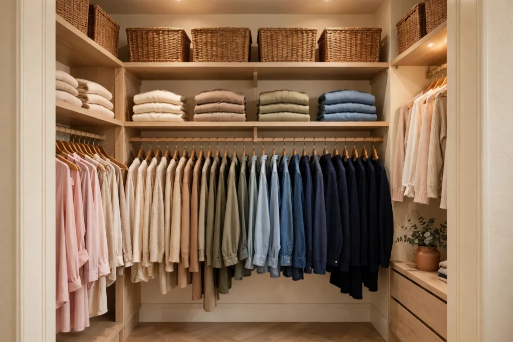 Walk-in closet with clothes organized by color on wooden hangers