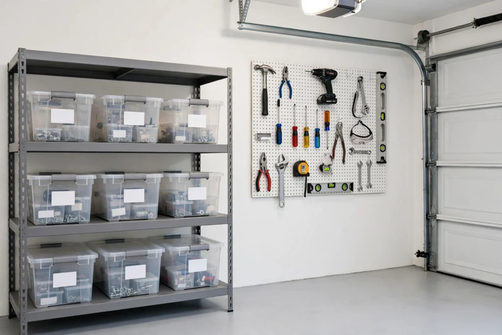 Organized garage with labeled storage bins on shelving