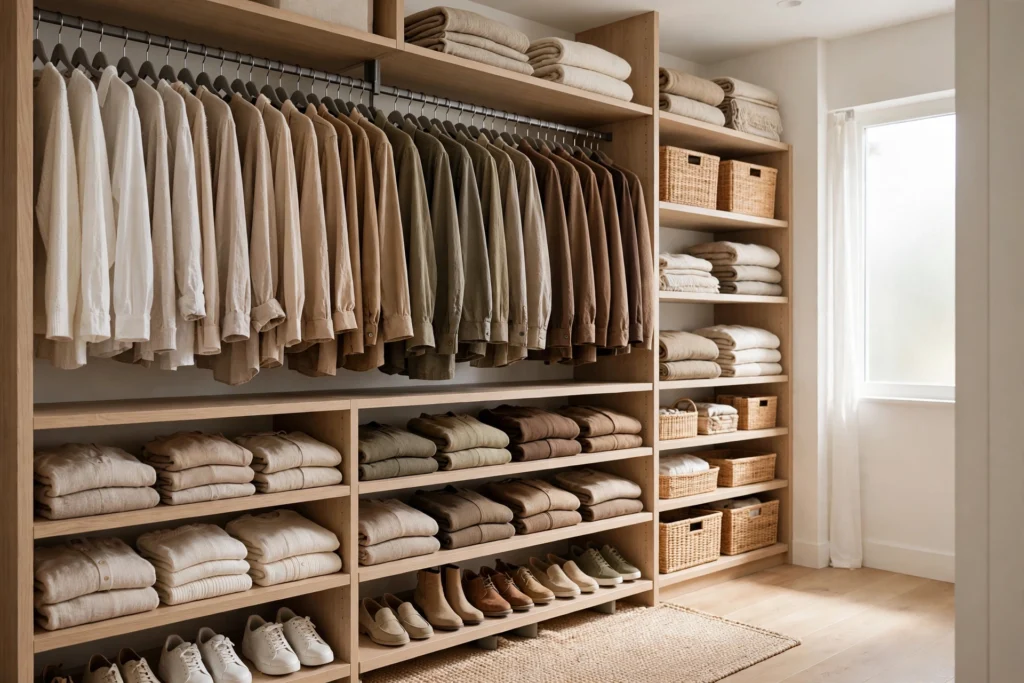Beautifully organized walk-in closet with color-arranged clothes