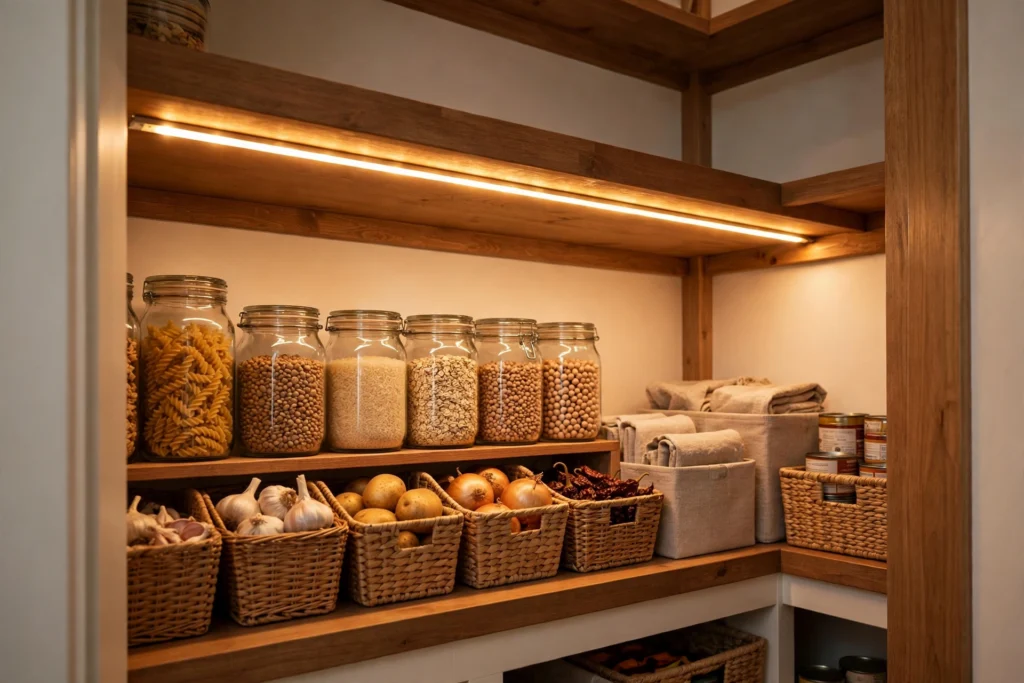Motion-sensor LED strip lighting under a pantry shelf