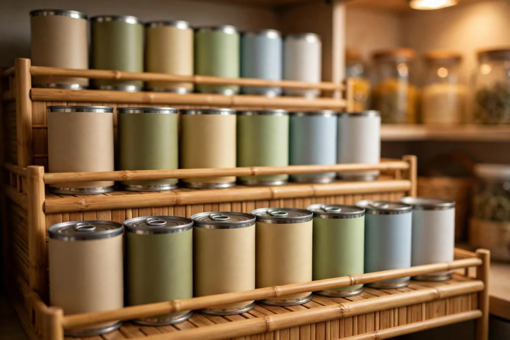 Tiered shelf riser organizing canned goods in stadium seating