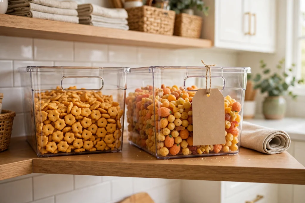 Dedicated snack bins for kids on a reachable pantry shelf