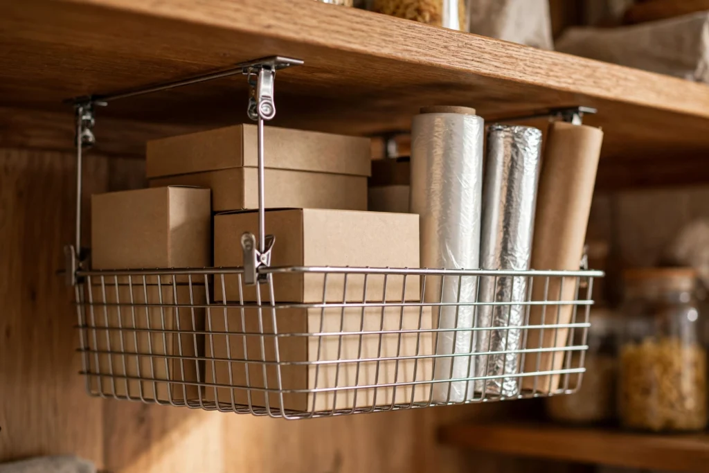 Under-shelf basket adding storage in dead space below a pantry shelf