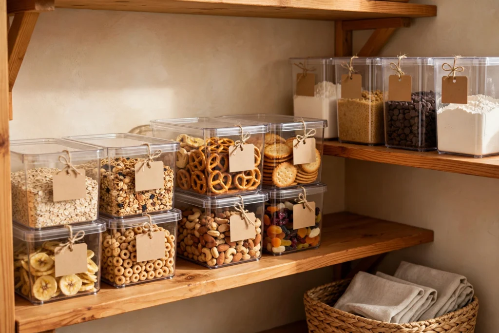 Small pantry organized into zones with clear labeled bins