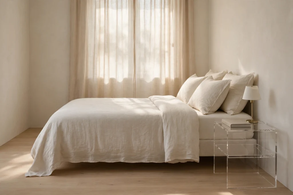 Serene decluttered bedroom with neatly made bed and clear nightstand