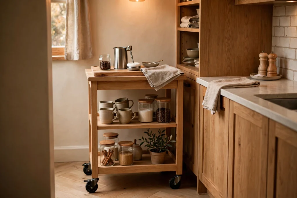 Slim rolling kitchen cart used as a coffee station in a small kitchen