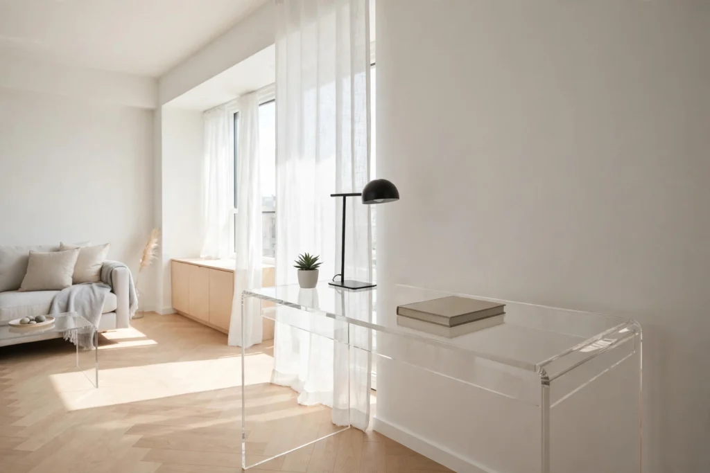 Small apartment with mostly clear calm surfaces