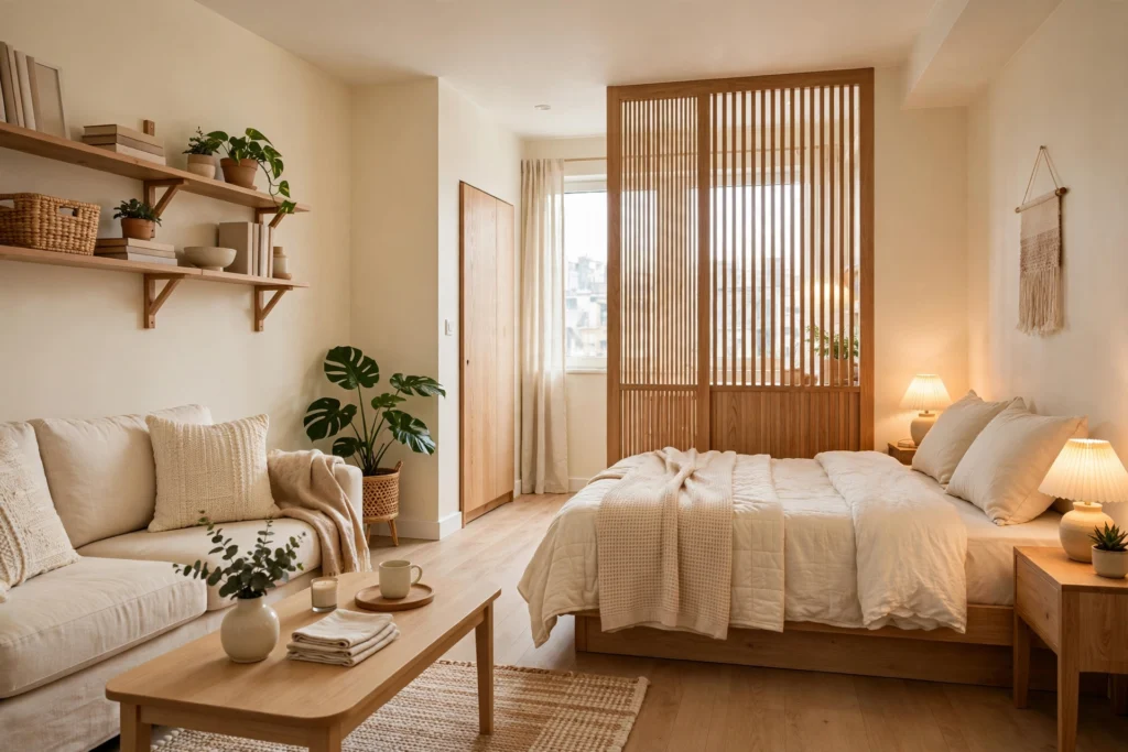 Bright well-organized small studio apartment with defined zones