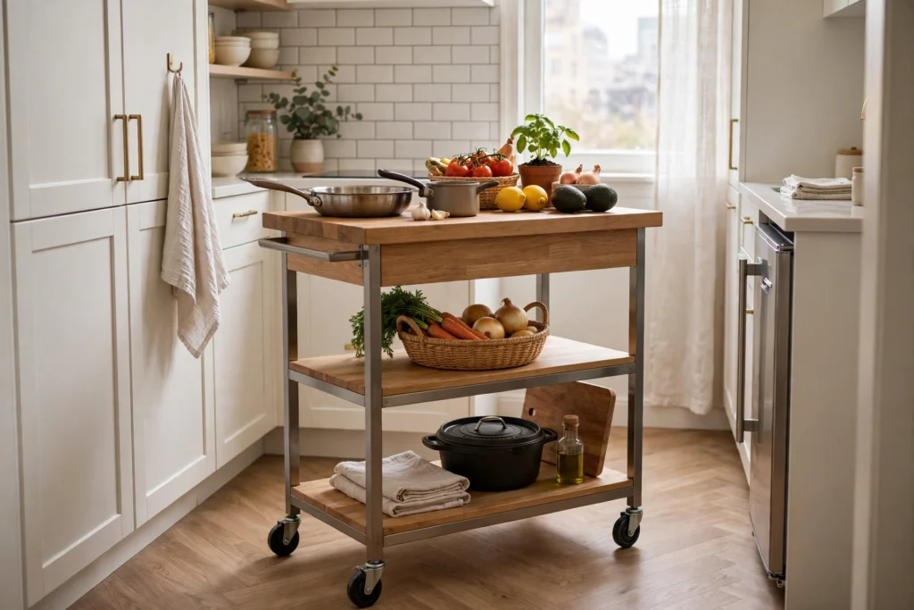 Rolling kitchen cart as portable island in a tiny kitchen