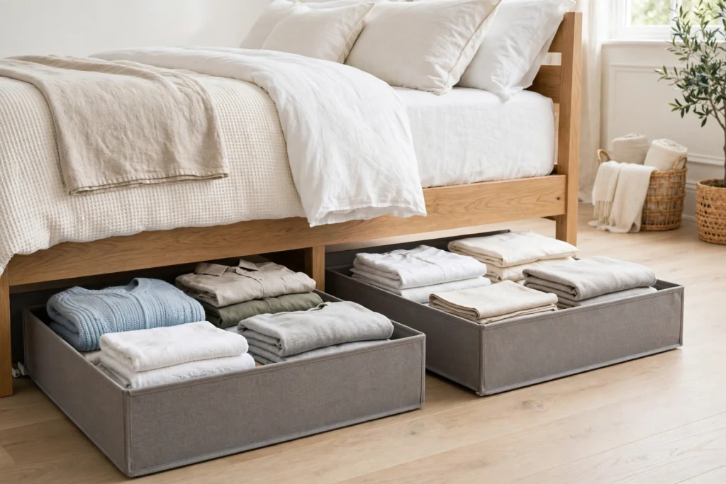 Under-bed storage bins holding folded clothes