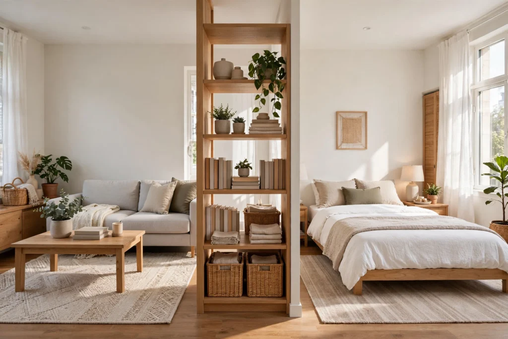 Studio apartment zoned with a rug and bookshelf divider