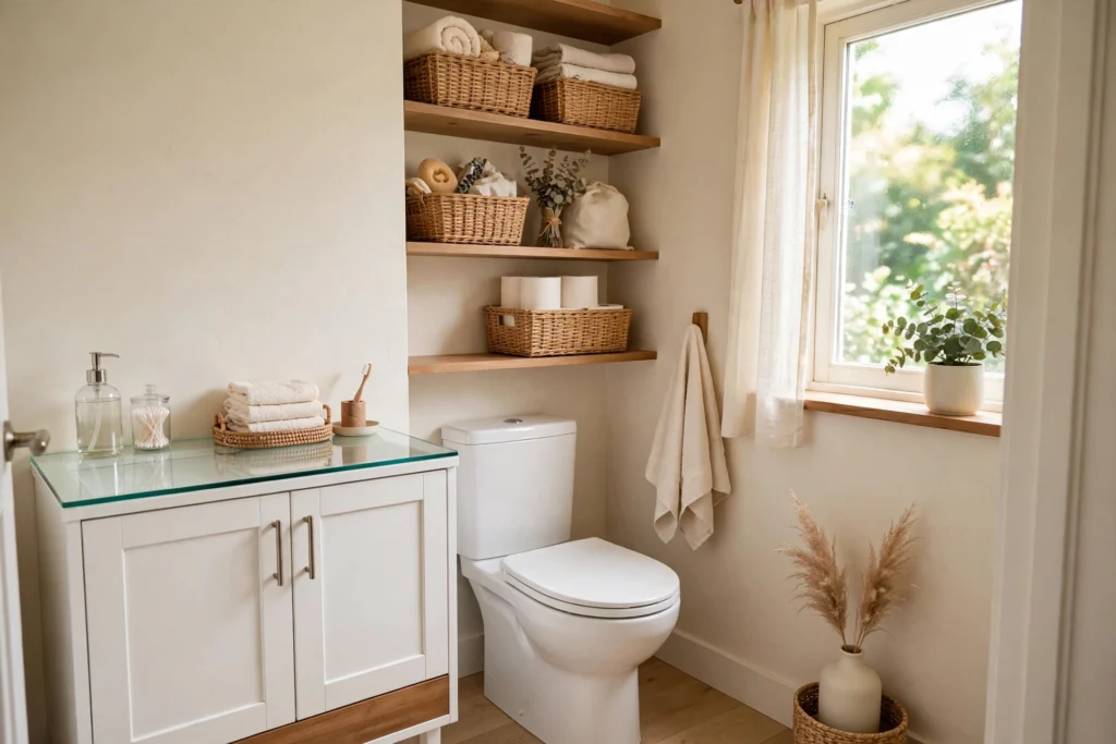 Small bathroom beautifully organized with clear counters and shelves
